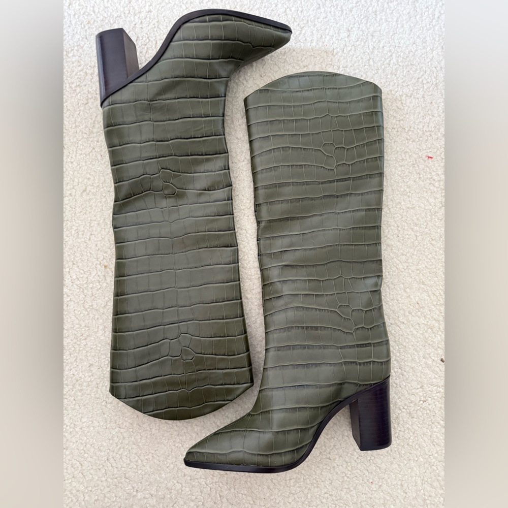 Green Croc-Embossed Knee-High Boots